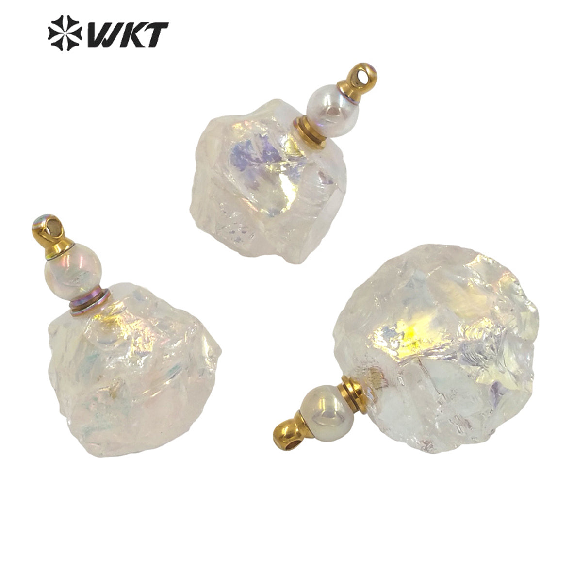 WT-P1632 Amazing Women Natural Raw Crystal by Hammer with Aura Gold Stainless Steel Parts Angel Aura Quartz Perfume Bottle