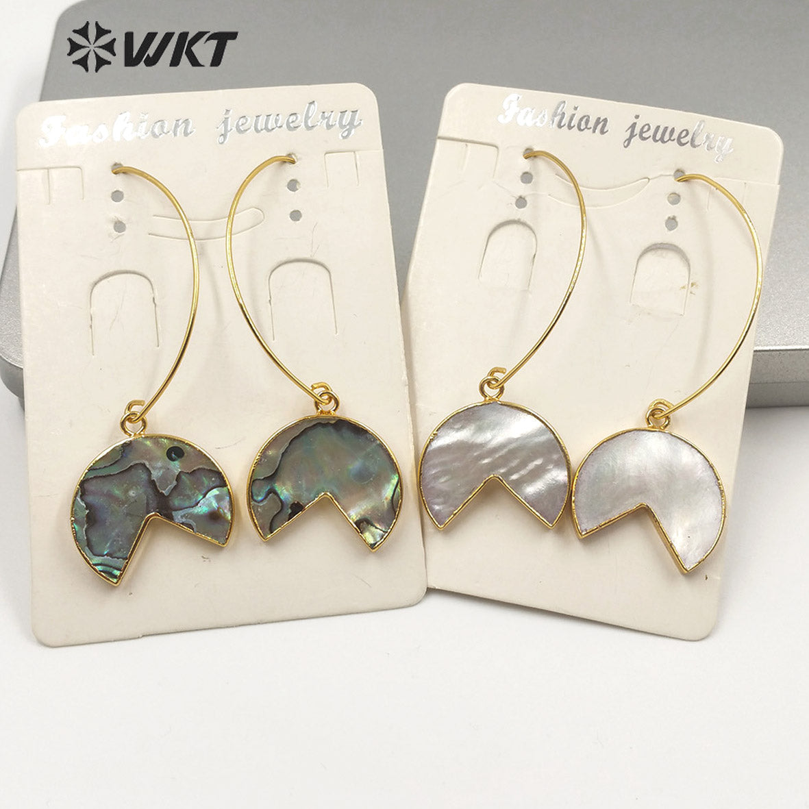 WT-E598 Fashion Gold Electroplated Half Round Abalone Shell Earrings Charming Swing Natural Abalone Shell Pendant Earrings