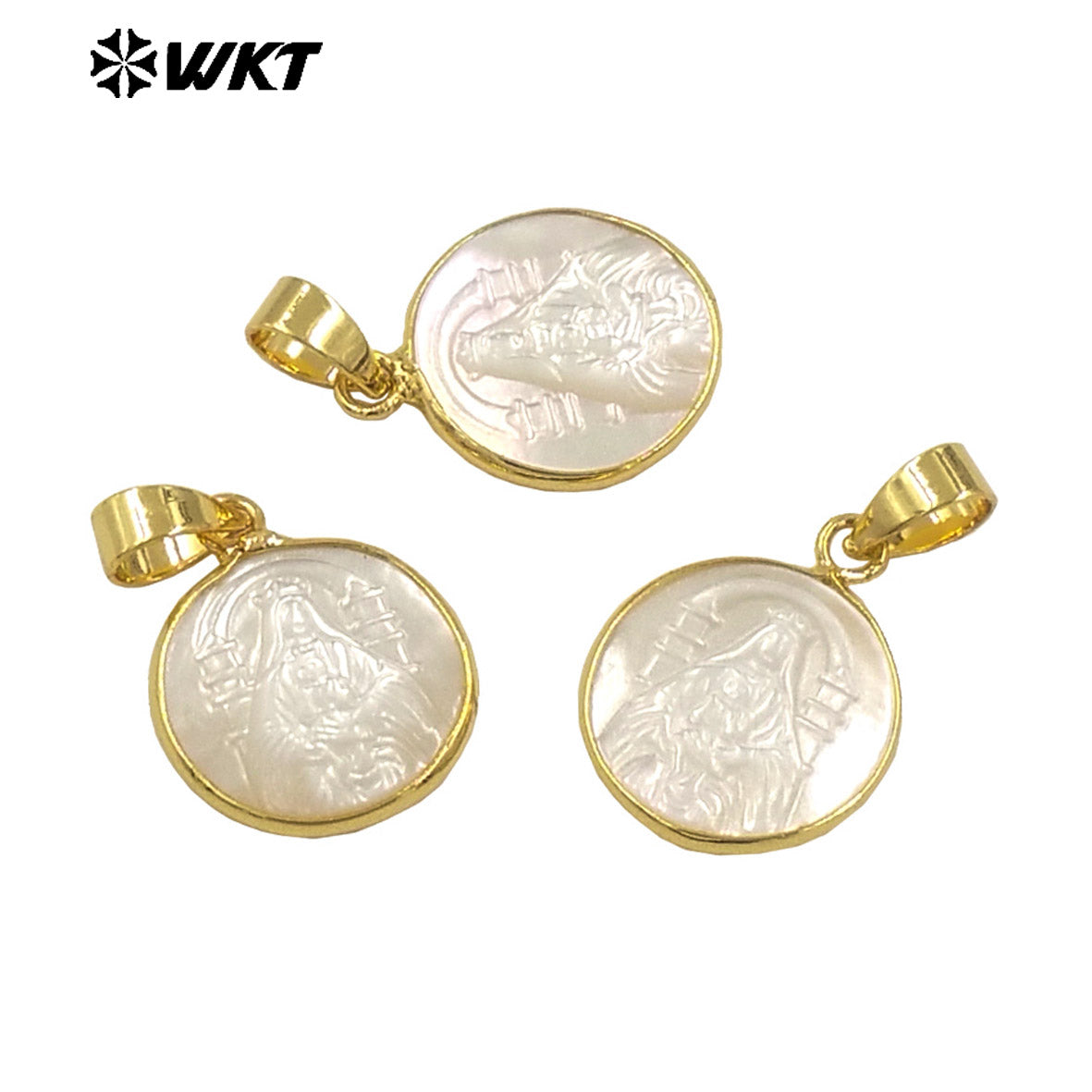 WT-JP376 WKT New Developed Natural Pearl Shell Carved Christian Religious Necklace Pendant Gold Anniversary Gift