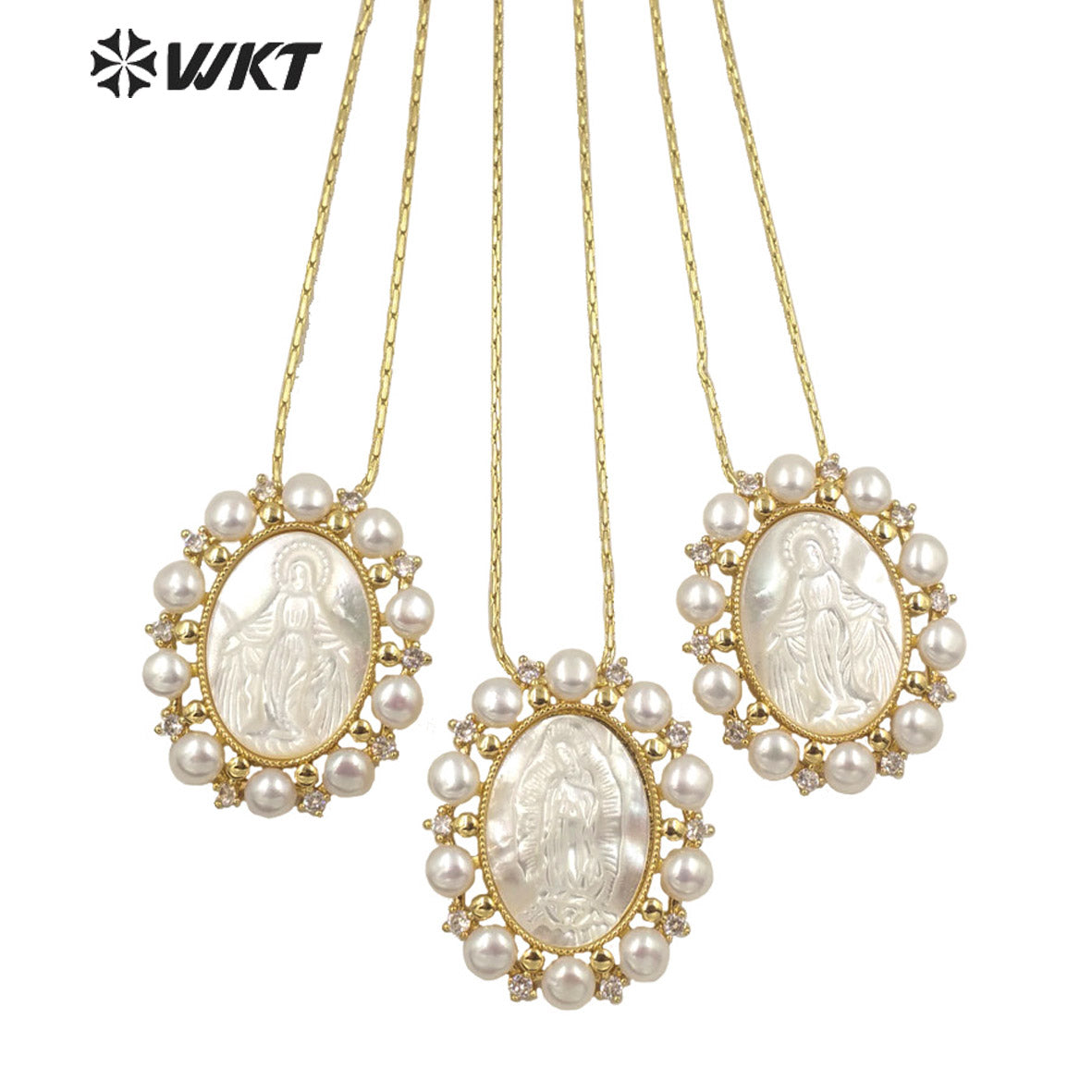 WT-JN164 WKT Wholesale Beautiful White Shell&pearl Nice Wedding Jewelry Necklace for Women Fashion Religious Mary Necklace