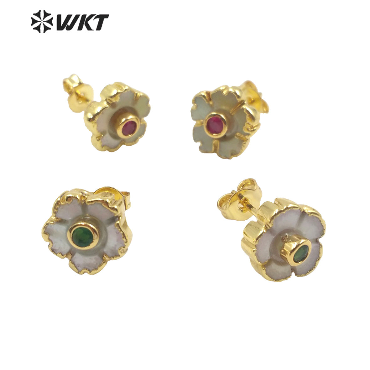 WT-MPE026 Amazing Tiny Cubic Zircon White Shell Flower Studs Charming Gold Plated Women Shell Studs Tiny Flower Studs