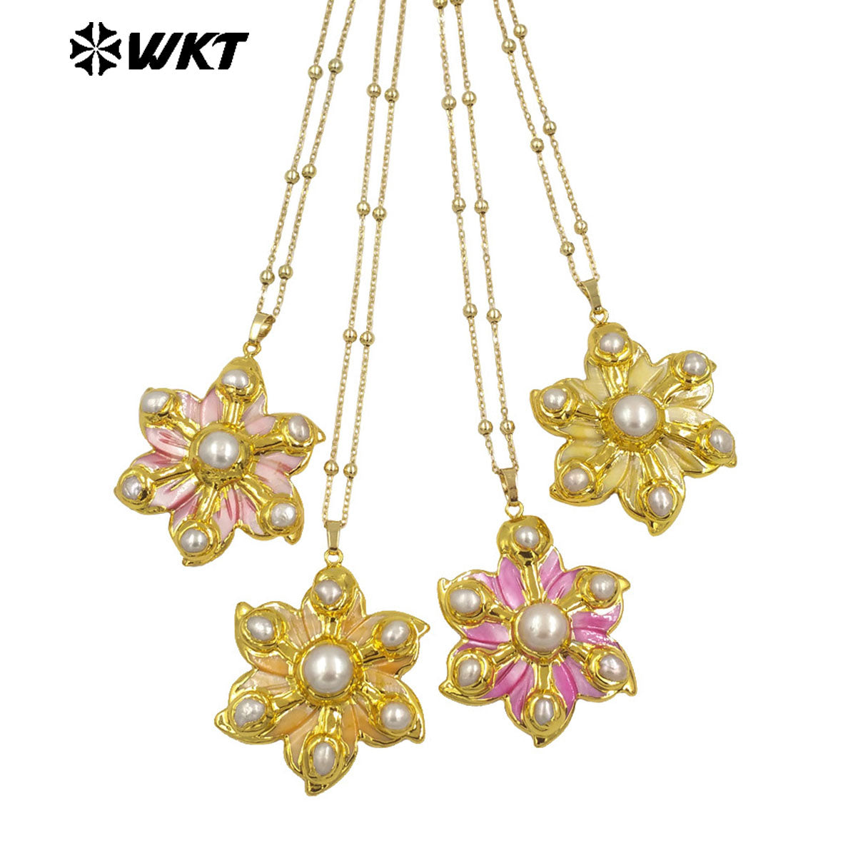 WT-JN294 the New Romantic 18K Gold Plated Natural Shell Six Pearl Flower Shaped Necklace for Lovely Woman As Birthday Gift