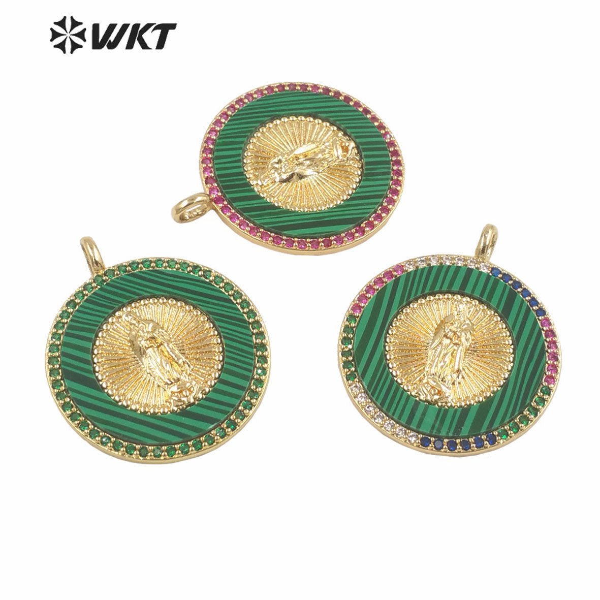 WT-MP272 Newest Vintage Style Ball Shaped Natural Malachite Stone &Cubic Zircon Madonna Design Pendant