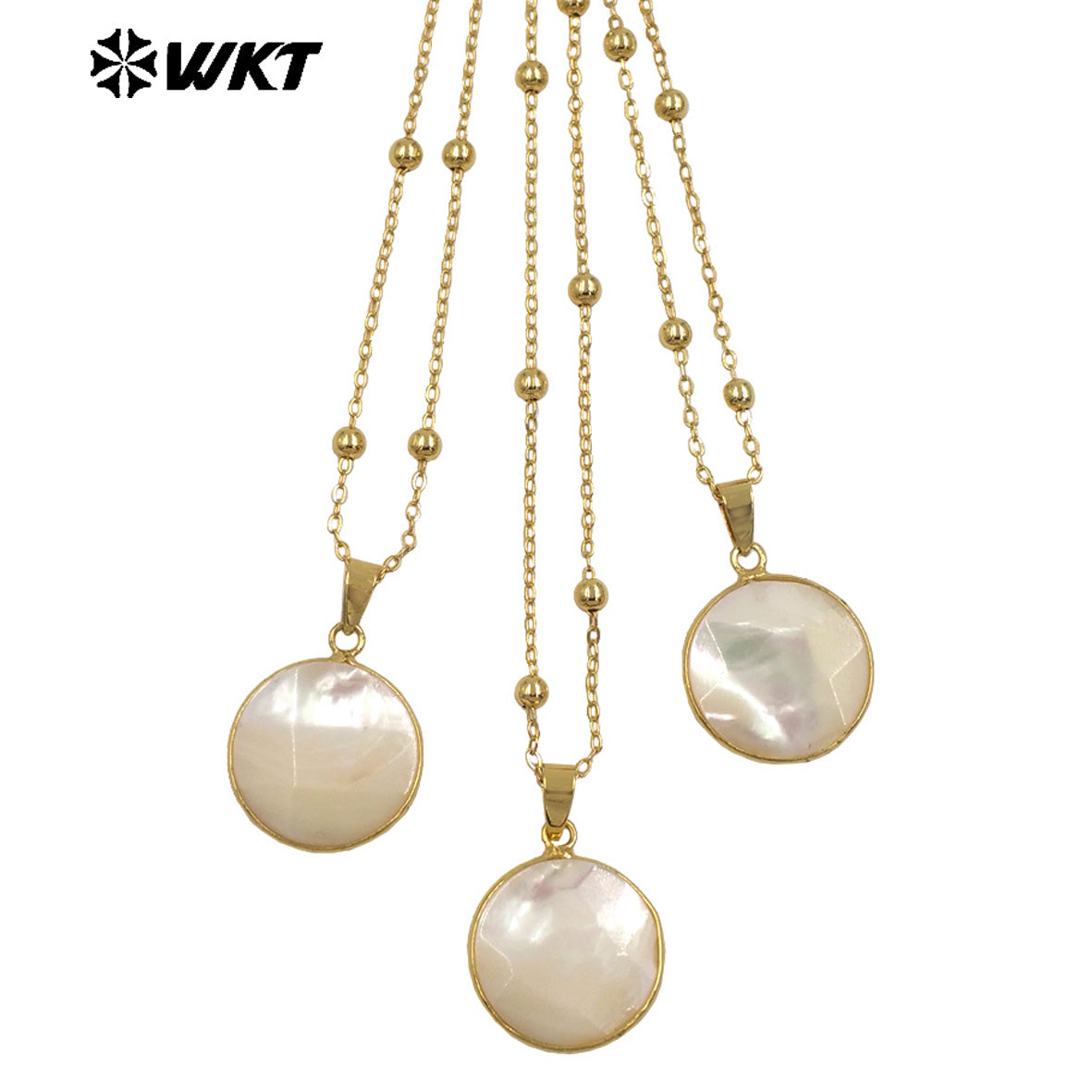 WT-JN348 Wholesale Gold Plated Tiny Beads Chain With Natural Shell Round Facets Pendant Necklace For Everyday Style Matching