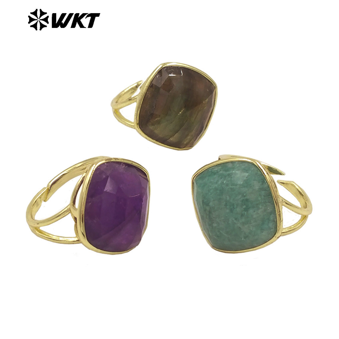 WT-R564 Wholesale Fashion Gold Plated Natural Stone Bezel Setting Square Amazonite Labradorite Gemstone Ring