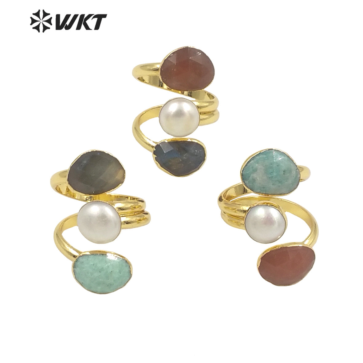 WT-R407 Niche Design Multiple Gemstone Pearl Rings Adjustable Rings Delicate Charming 18k Gold Plated Gifts Natural Stone Rings