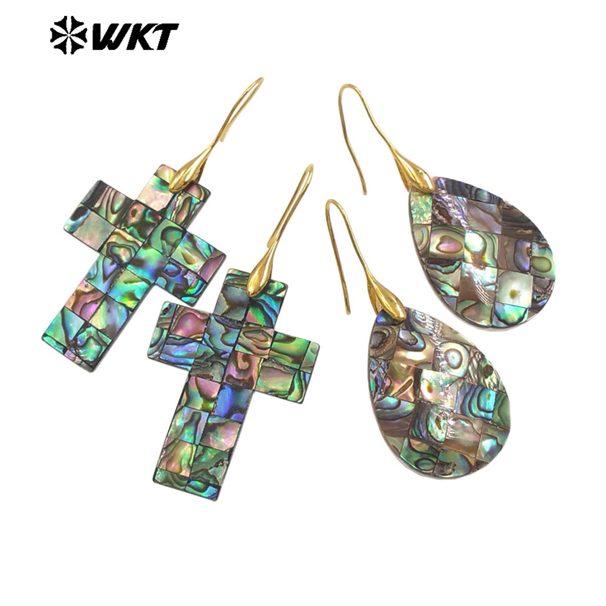 WT-MPE159 Hot Sales Romantic Style Natural Abalone Shell Earrings in Gold Plated Cross Heart Waterdrop Moon Shape Ladies Gift