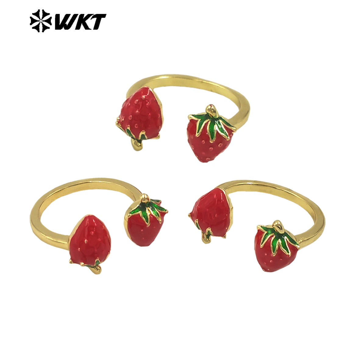 WT-RF009 Delicate Fruit Series Ring Yellow Brass With Drop Oil Double Strawberry Charms Adjustable Women Fashion Jewelry