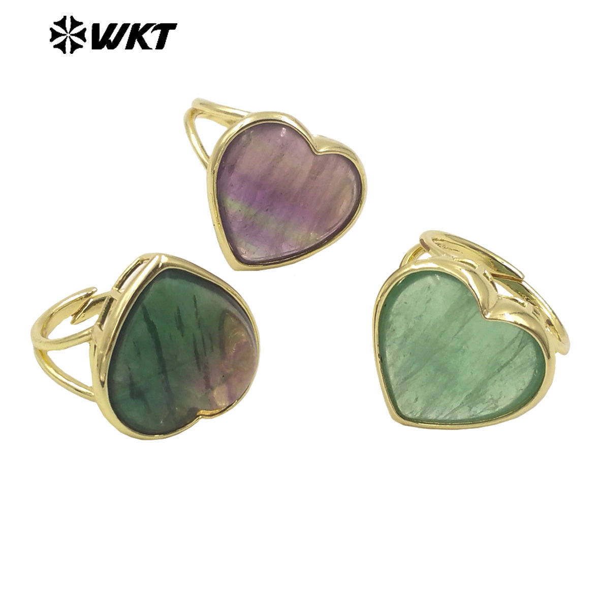 WT-R518 Wholesale Lovely Natural High Polish Rainbow Fluorite Heart Stone Ring for Lady Daily Use in Gold Bezel