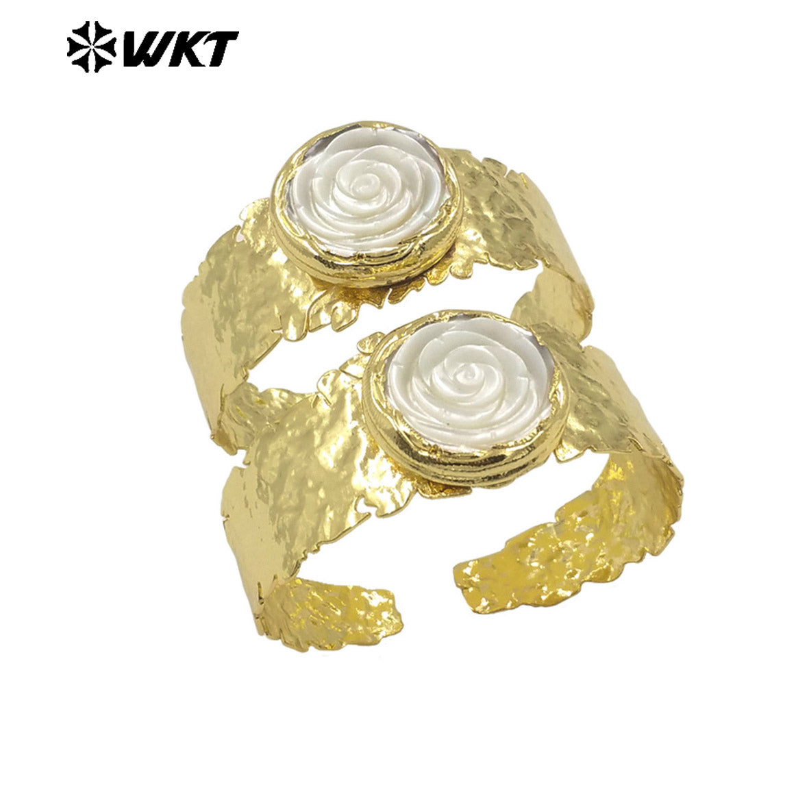 MPB124 Classical Gold Electroplated Cuff Bangle With Natural MOP Shell Handmade Carved Rose Flower Shape Women Party Accessory