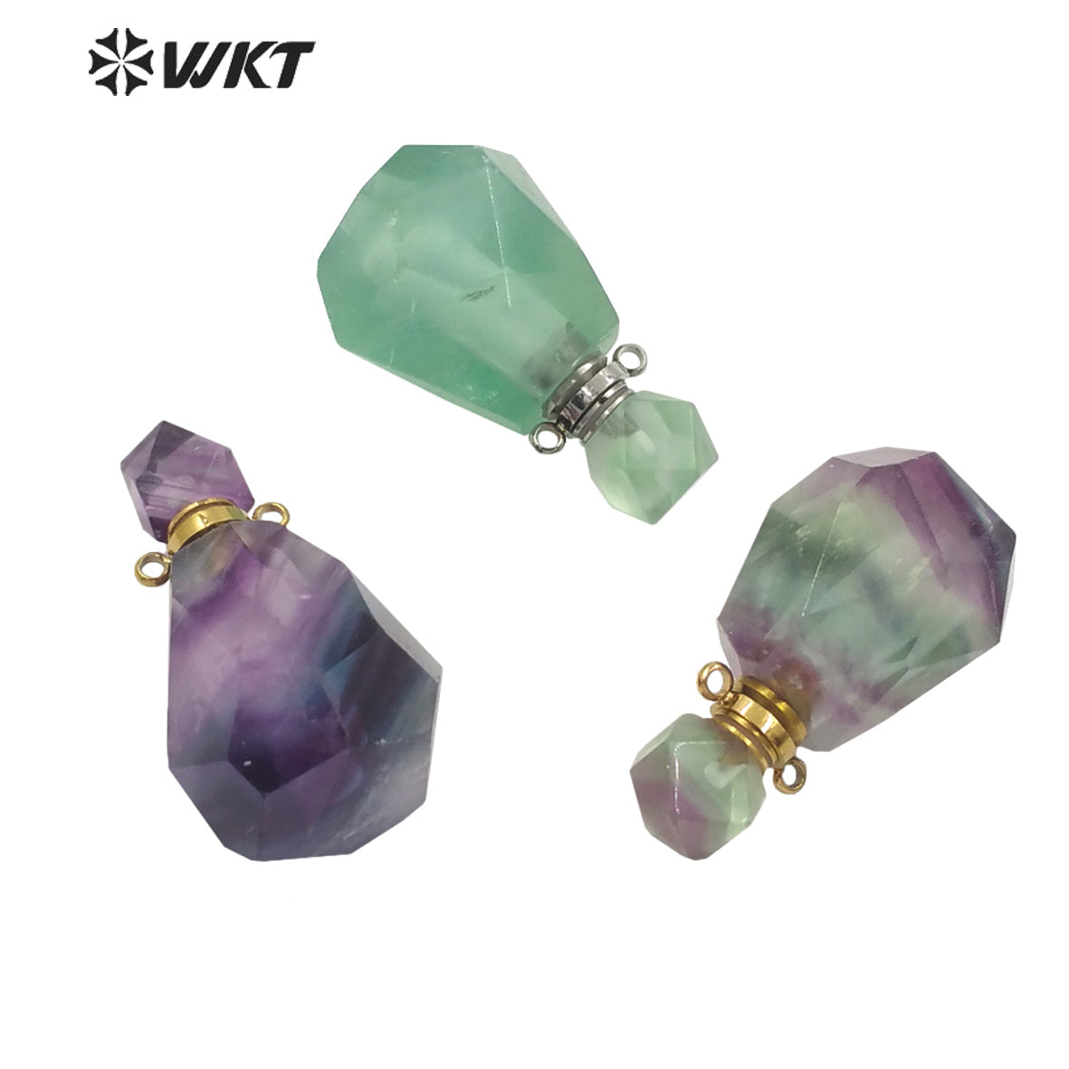 WT-P1670 WKT New Color Gorgeous Natural Rainbow Fluorite Stone Perfume Bottle Pendant with Stainless Steel Jewelry Findings