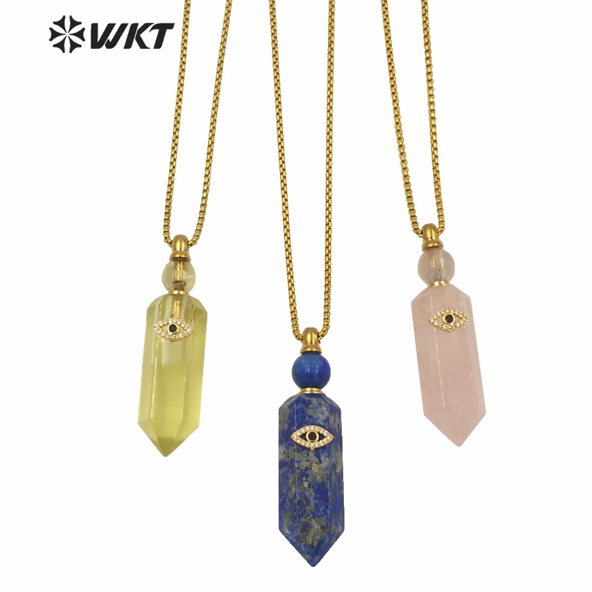 WT-N1248 New Design Hot Sales Hexagon Cube Shape Spirit Quartz Gemstone Perfume Bottle Necklace with Eye Charm for Women
