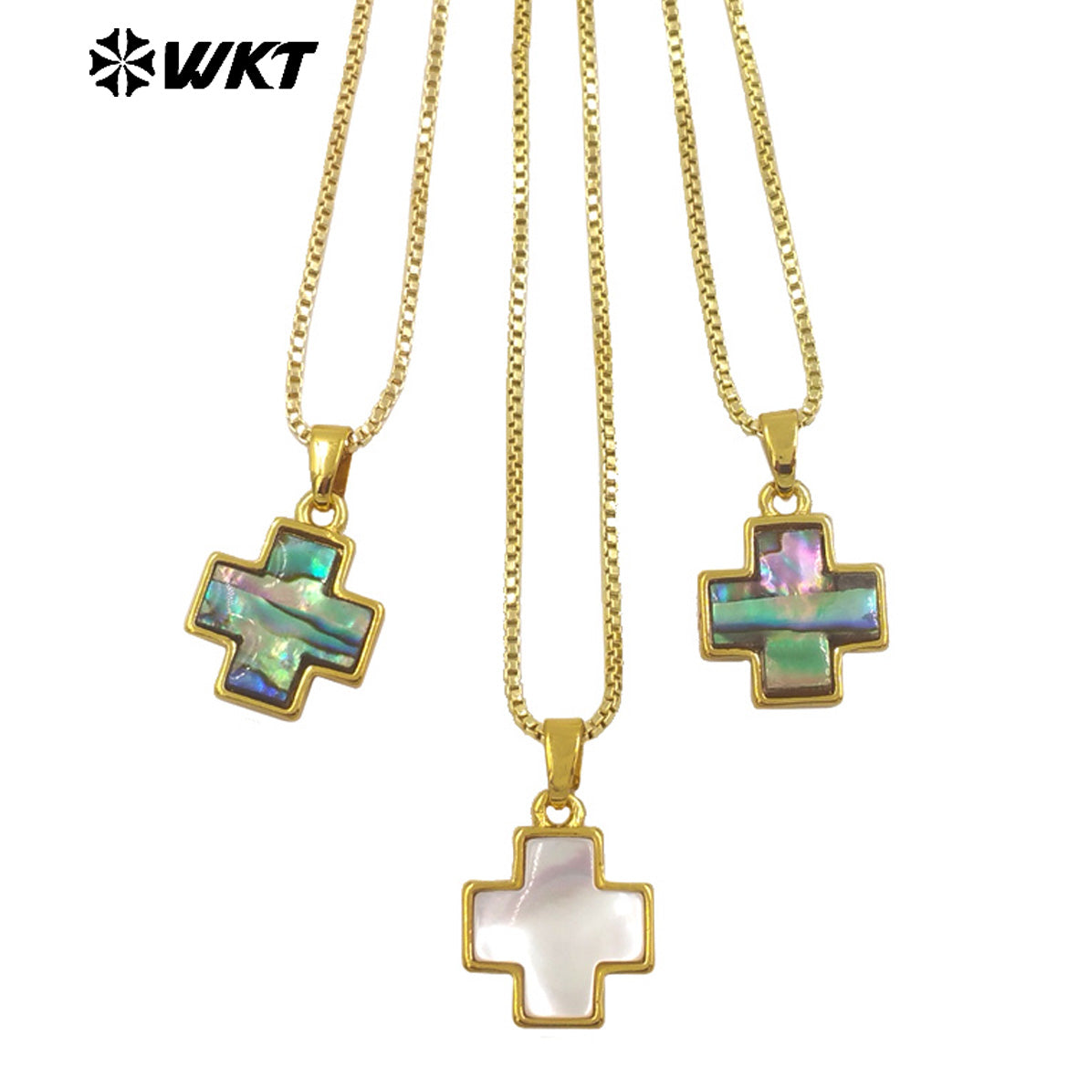 WT-JN283 Amazing Gold Plated Religious Natural Abalone Shell Cross Pendant Necklace for Women 10PCS