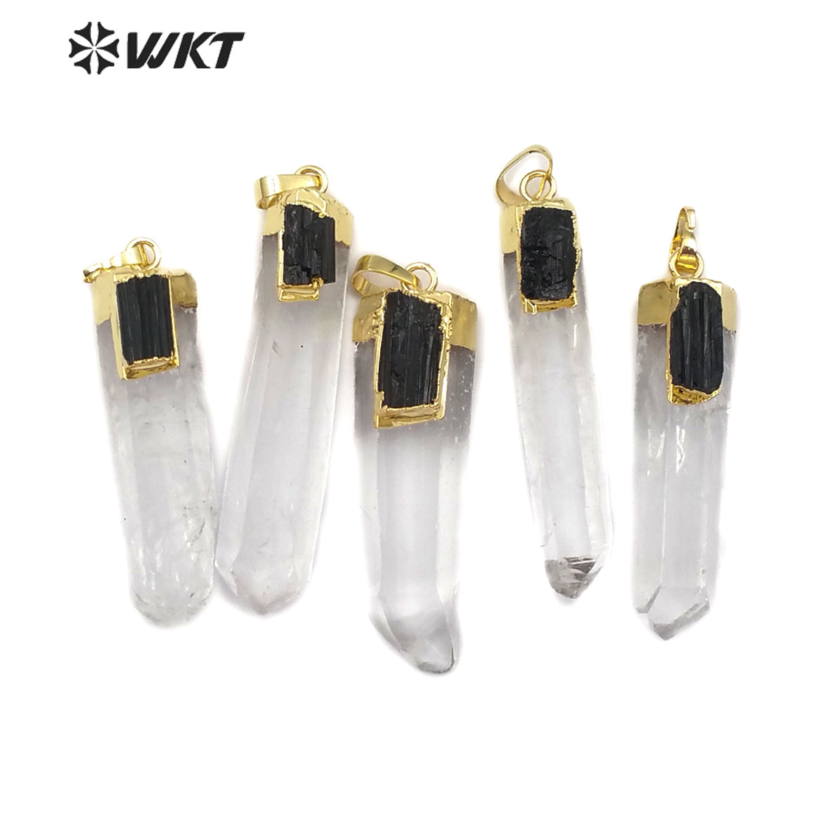 WT-P1447 Wholesale New Design Natural Stone in 18K Gold Plated Crystal Quartz with Black Tourmaline Charm Pendant