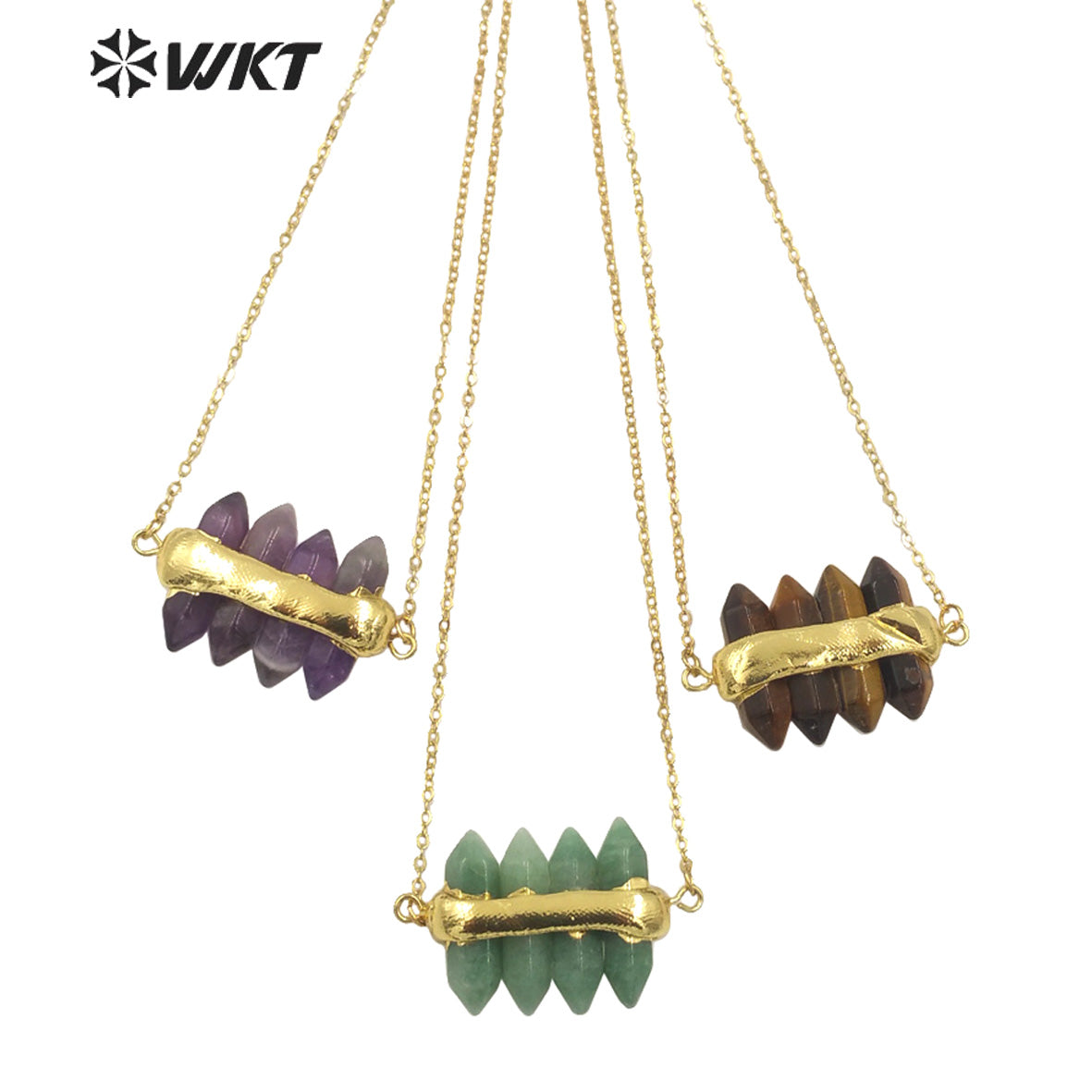 WT-N1460 WKT NEW Design Double Gemstone Point Rose Quartz Amethyst Energy Lucky Stone Necklace Many Colors Available