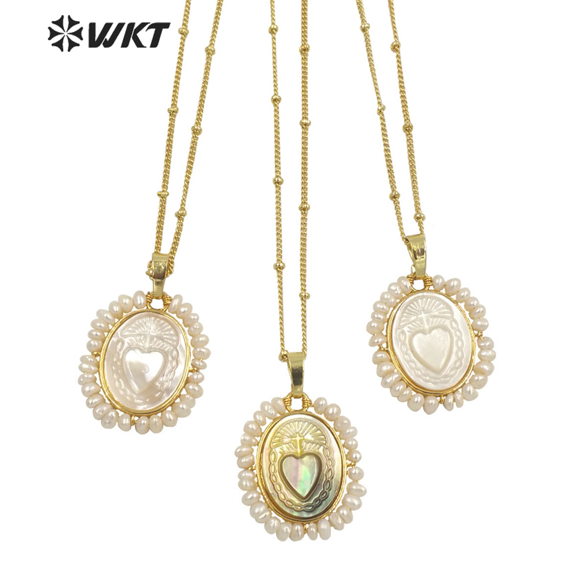 WT-JN155 Fashion 18K REAL Gold Plated Saint Mary Heart Shell Pendant Necklace WKT Hot Gold Bezel Shell Angel Heart Necklace