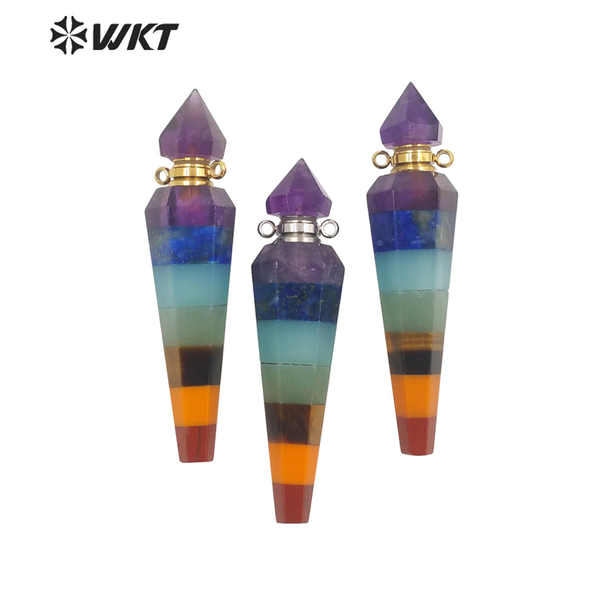 WT-P1870 Wholesale Fashion Energy CONICAL SHAPE Stone Pendant Load Perfume Bottle for Necklace Seven Chakela Bullet Bottle