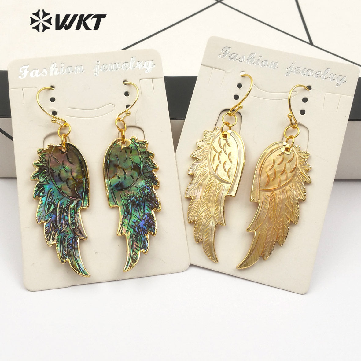 WT-E242 Newest Gorgeous Natural Genuine Abalone Shell Feather Earrings 18K Gold Dipped Carved Shell Feather Earrings