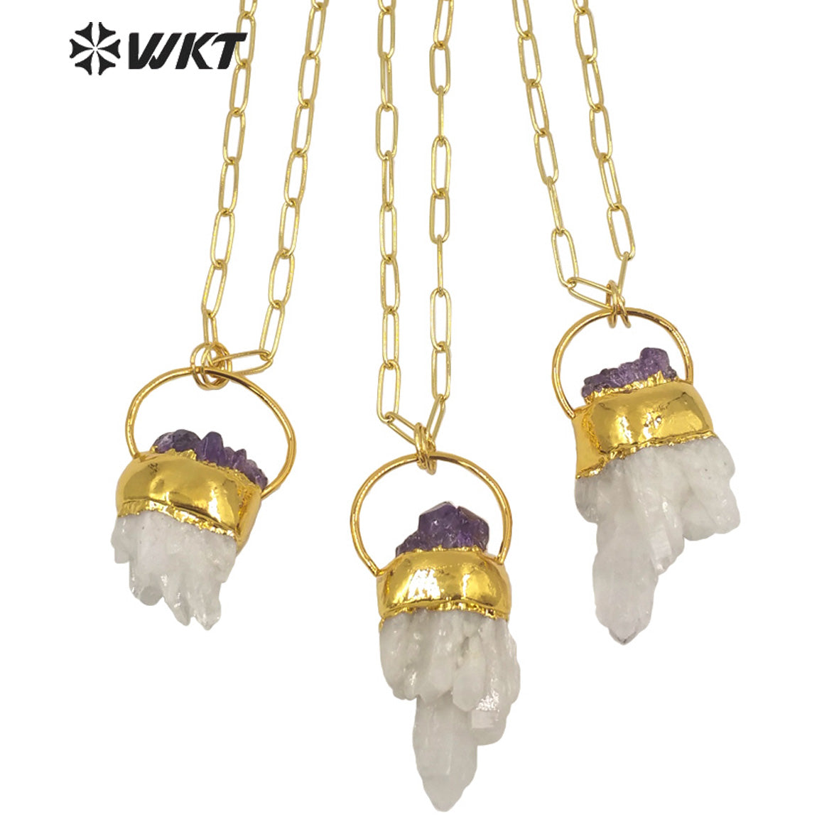 WT-N1275 Unique New Design Popular Natural Cluster Quartz Necklace With Amethyst Decorative Fashion Gold White Crystal Necklace