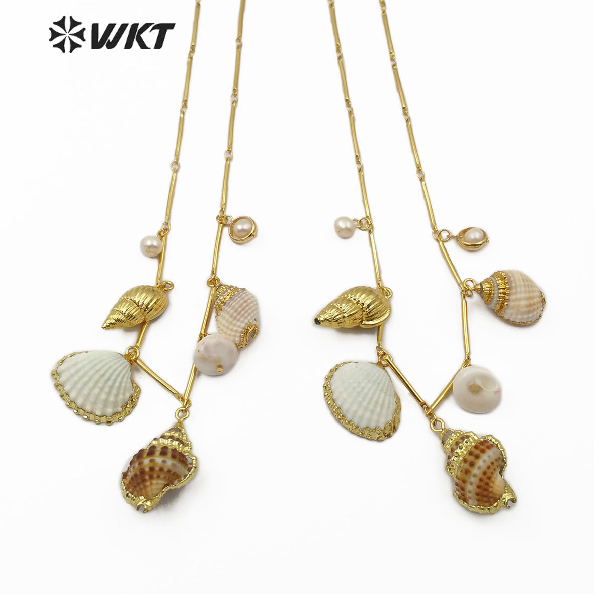 WT-JN098 New Design Natural Pearl and Trumpet Shell Necklace With Gold Electroplated Fashion Seashell Jewelry Necklace