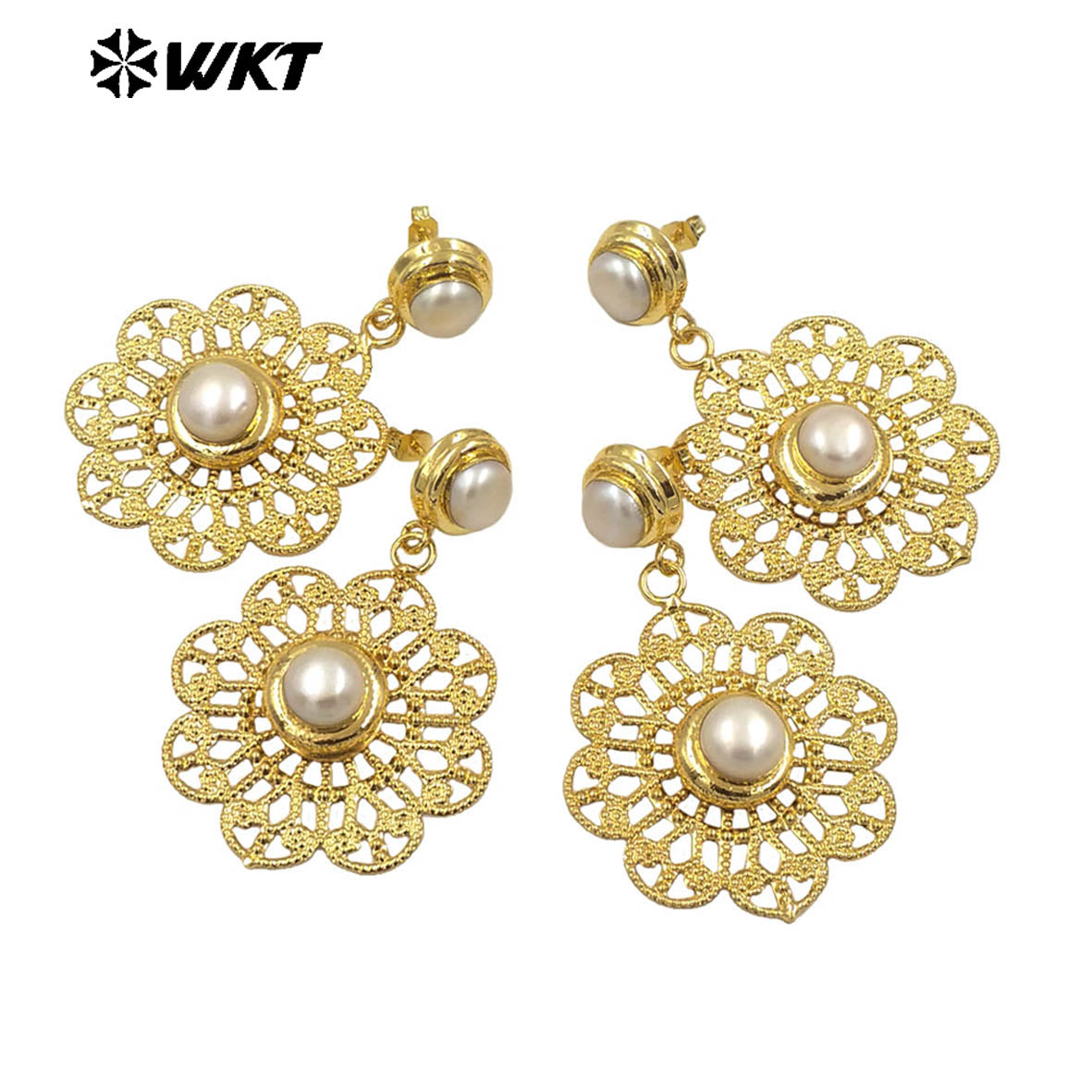 WT-E595 Wholesale Fashion Gold Plated Hollow Out Pearl Earring Women Charming Round Dangle Natural Pearl Earring