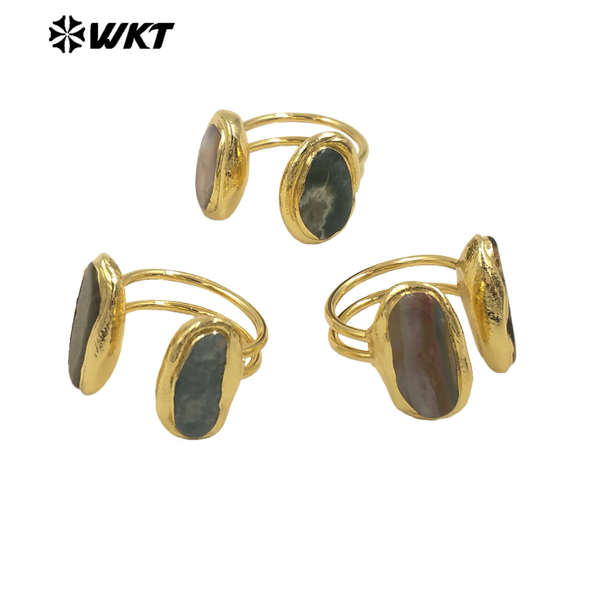 WT-R565 Exquisite Jewelry Natural Ocean Jasper Stone Ring Gold Electroplated Female Lovely Style Oval Shape Wholesale