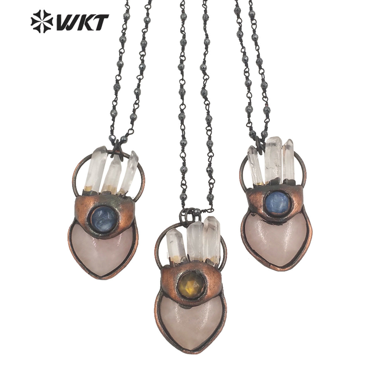 WT-N1341 WKT Natural Rose Quartz With Crystal Pendant Lovely Necklace Exquisite Heart Shape Natural Stone Jewelry Necklace