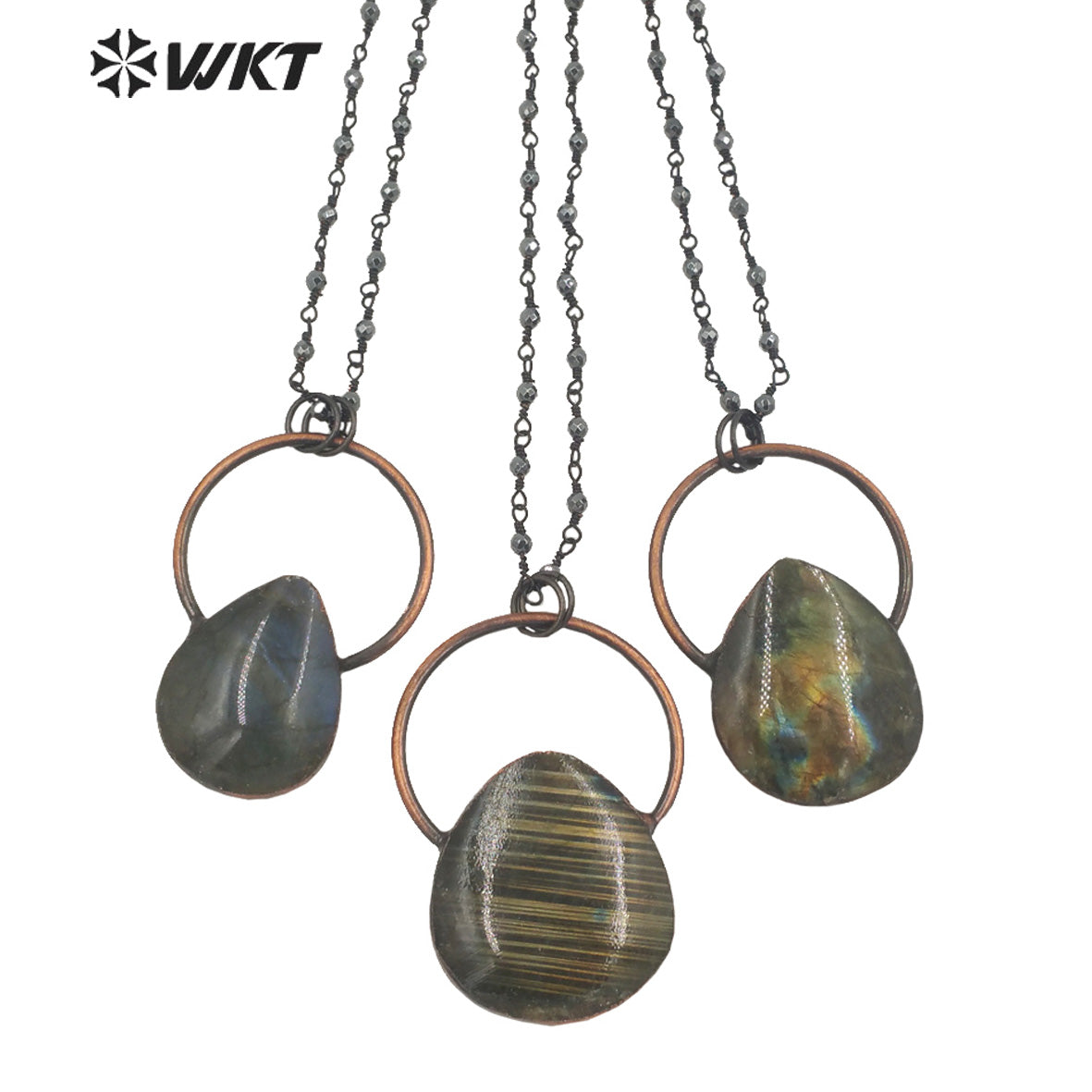 WT-N1334 WKT Vintage Shiny Antique Copper Water Drop Shape Natural Stone Labradorite with Copper Big Ring Jewelry Necklace