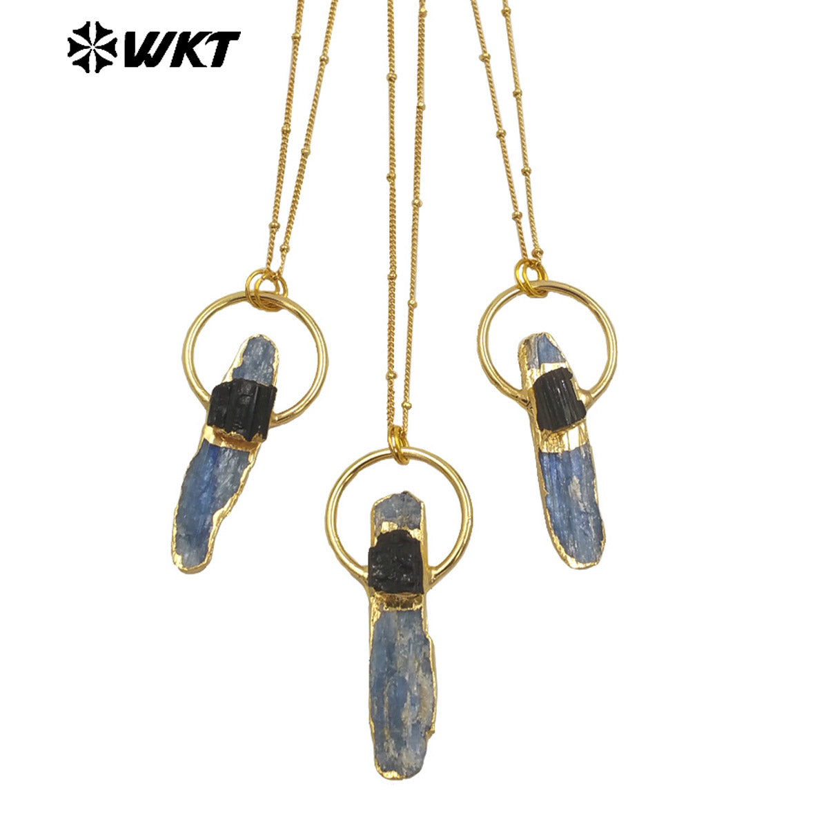 WT-N1471 Wholesale Fashion Design Natural Raw Blue Kyanite With Black Tourmaline Charm Vintage Boho Necklace