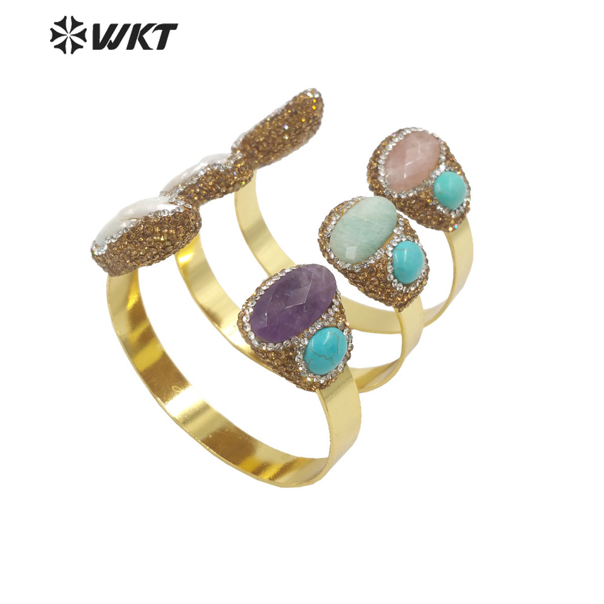 WT-MPB088 WKT Amazing Gorgeous Double Stone Bangle 18k Gold Plated Natural Sun Stone Amazonite Pearl Bangle in Adjustable