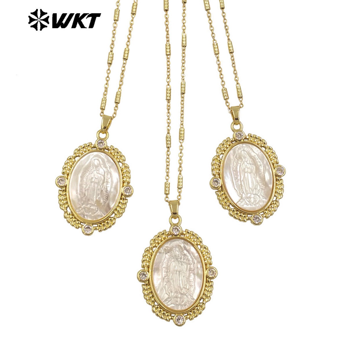 WT-JN271 WKT Exclusive Big Oval 18K Real Gold Plated Resist Tarnishable Religious Virgin Mary Shell Pendant Necklace Christian