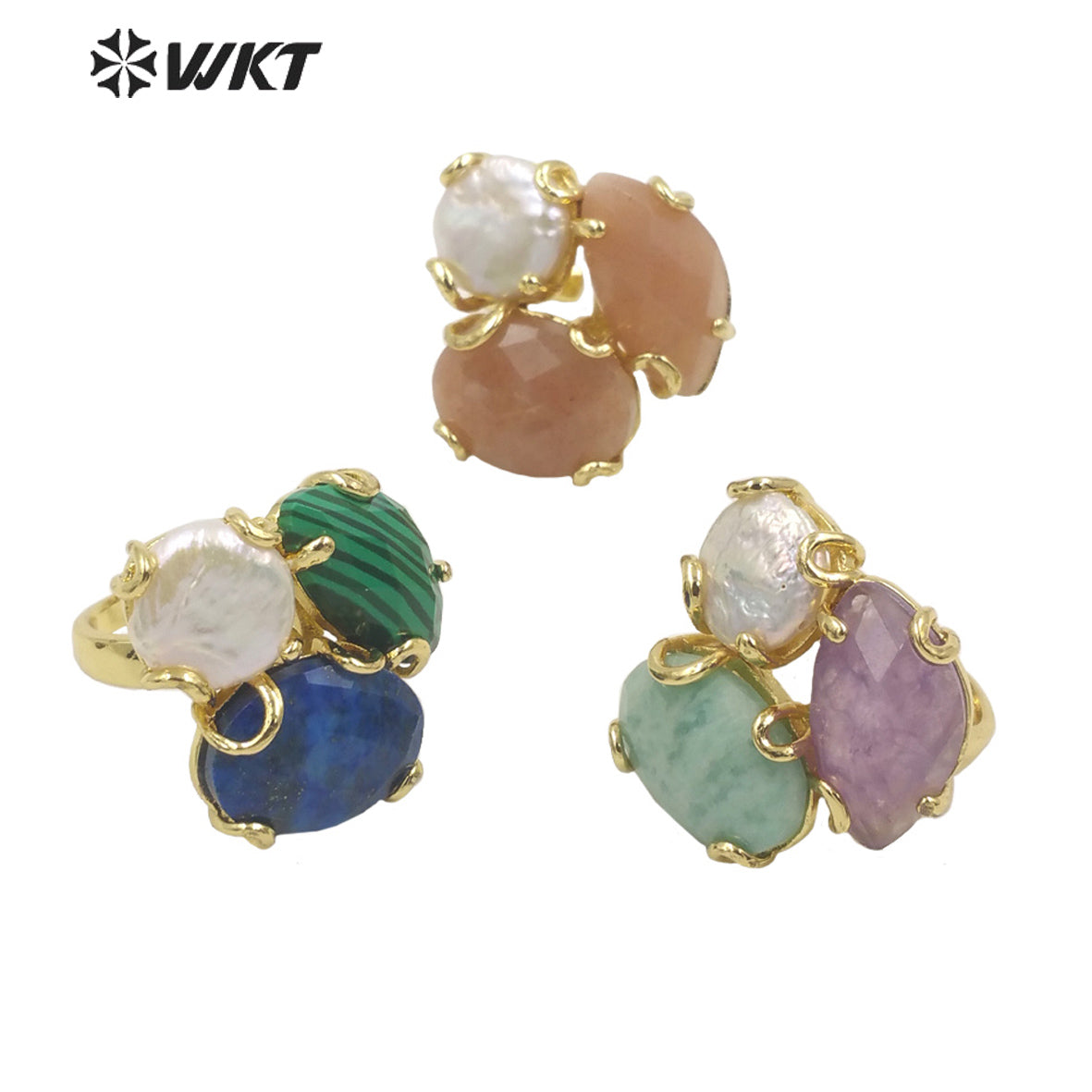 WT-R418 Women 18k Real Gold Plated Resist Tarnishable Triple Stone Prong Setting Natural Stone and Pearl Mix Party Ring