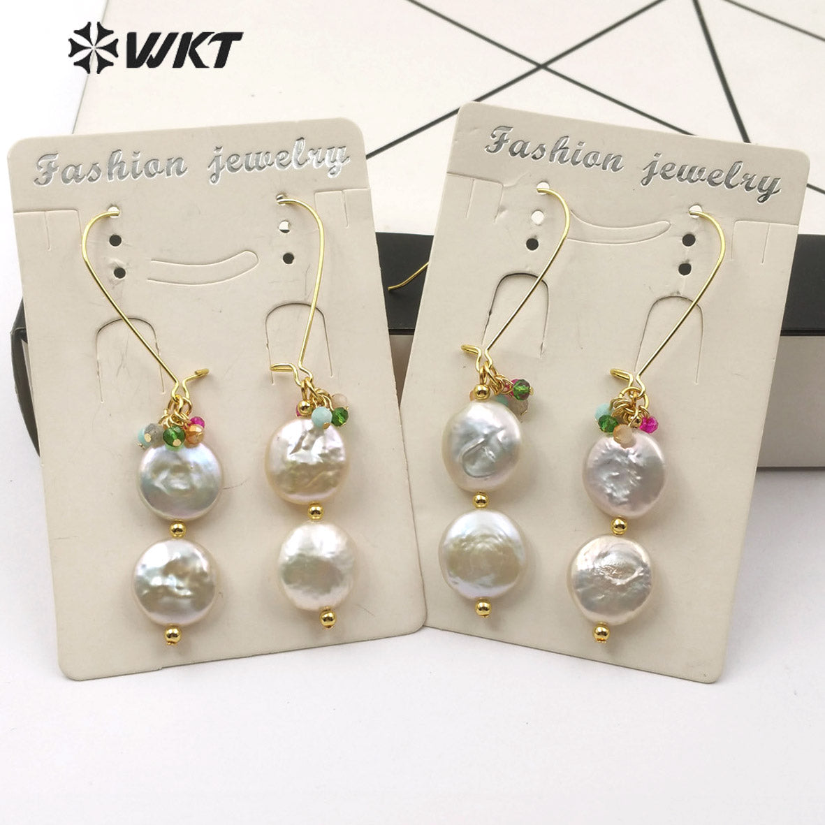 WT-E576 Hot-sale Natural Double Pearl Earring With Crystal Beads Women Stylish Jewelry Pearl Earring Lady Charm Earring