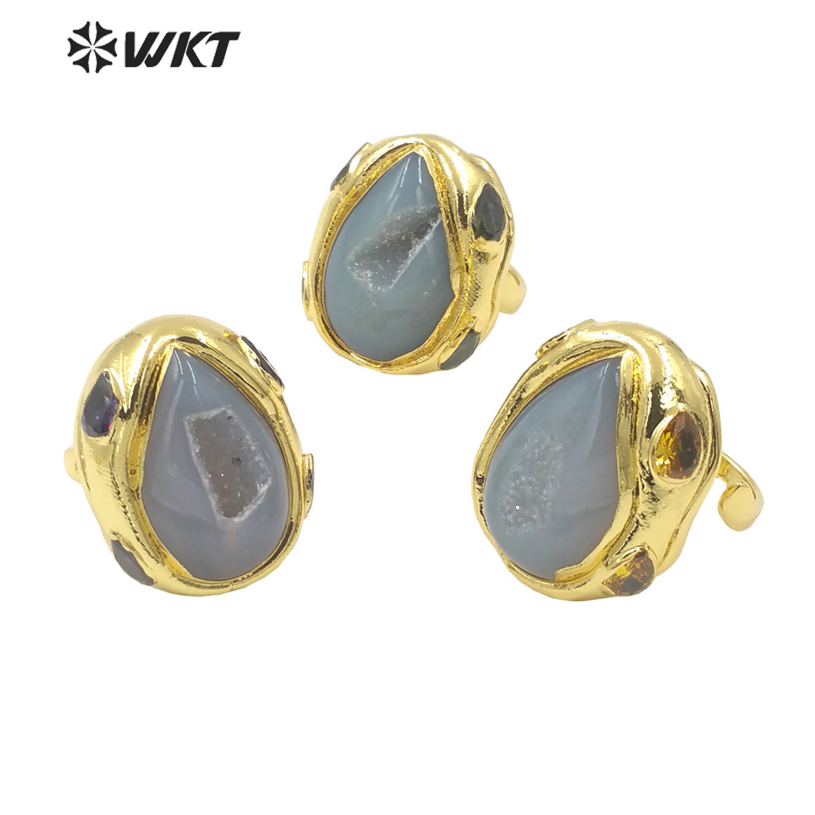 WT-R500 Gorgeous 18K Gold Plated Natural Druzy Geode Agate Teardrop Fashion Designer Unique Grey Stone Jewelry Ring