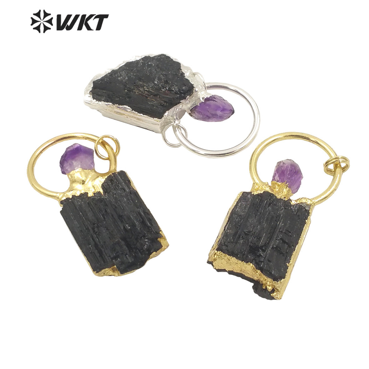 WT-P1960 Wholesale Fashion 18K Gold Plated Raw Stone Black Tourmaline With Amethyst Charm Energy Jewelry Pendants