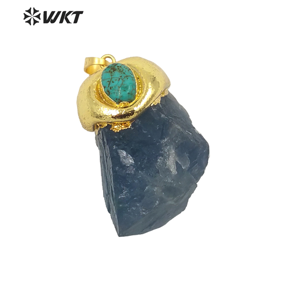 WT-P1654 Wholesale Gold Aqua rainbow Fluorite Stone Pendant With Turquoise Charm Vintage Boho Raw Stone Blue Fluorite Pendant