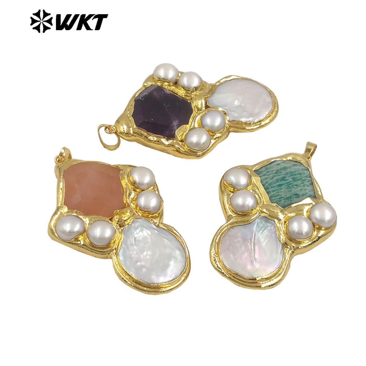 WT-JP423 Gorgeous Back Full Plated With 18K Gold Multi Colors Natural Stones And Pearls Pendants For Women Necklace Handmade