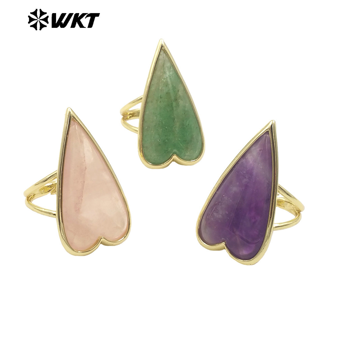 WT-R512 Amazing Long Drop Natural Stone Carved Lovely Heart Rose Quartz Ring for Lady Gift Gold Cute Women Gift