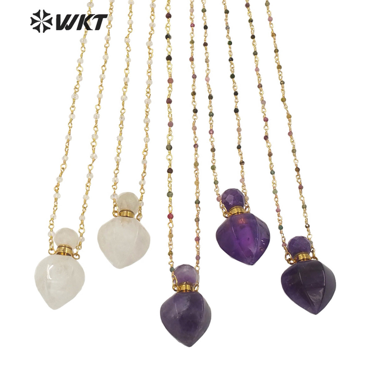 WT-N1277 Amazing Natural Hot Women Stone Drop Shape Perfume Bottle Necklace Gold Electroplated Crystal Essential Oil Necklace