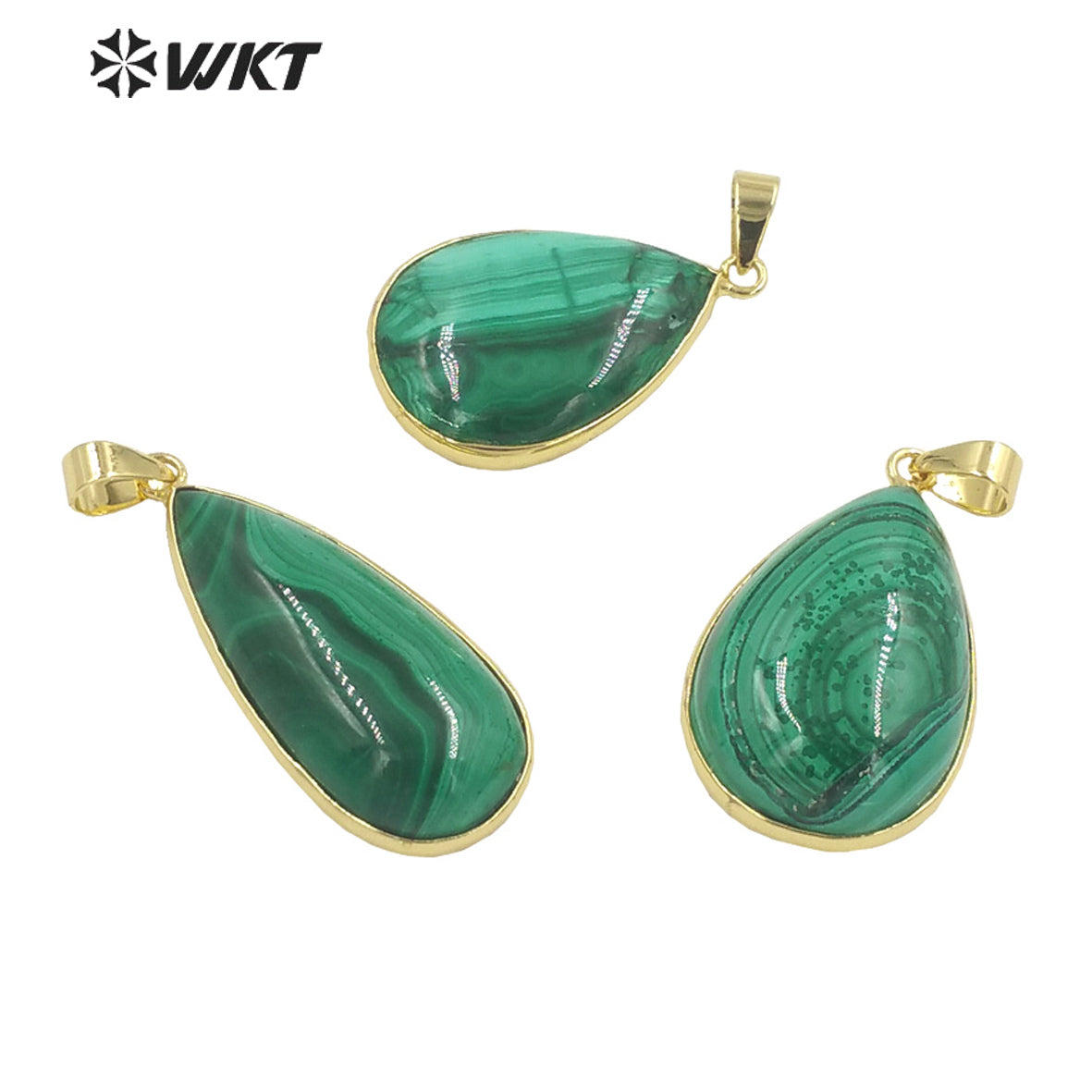 WT-P1861 WKT Newest Precious Natural Green Stone Pendant Randomly Size Teardrop Pendant 18k Gold Plated Bezel Malachite Pendant