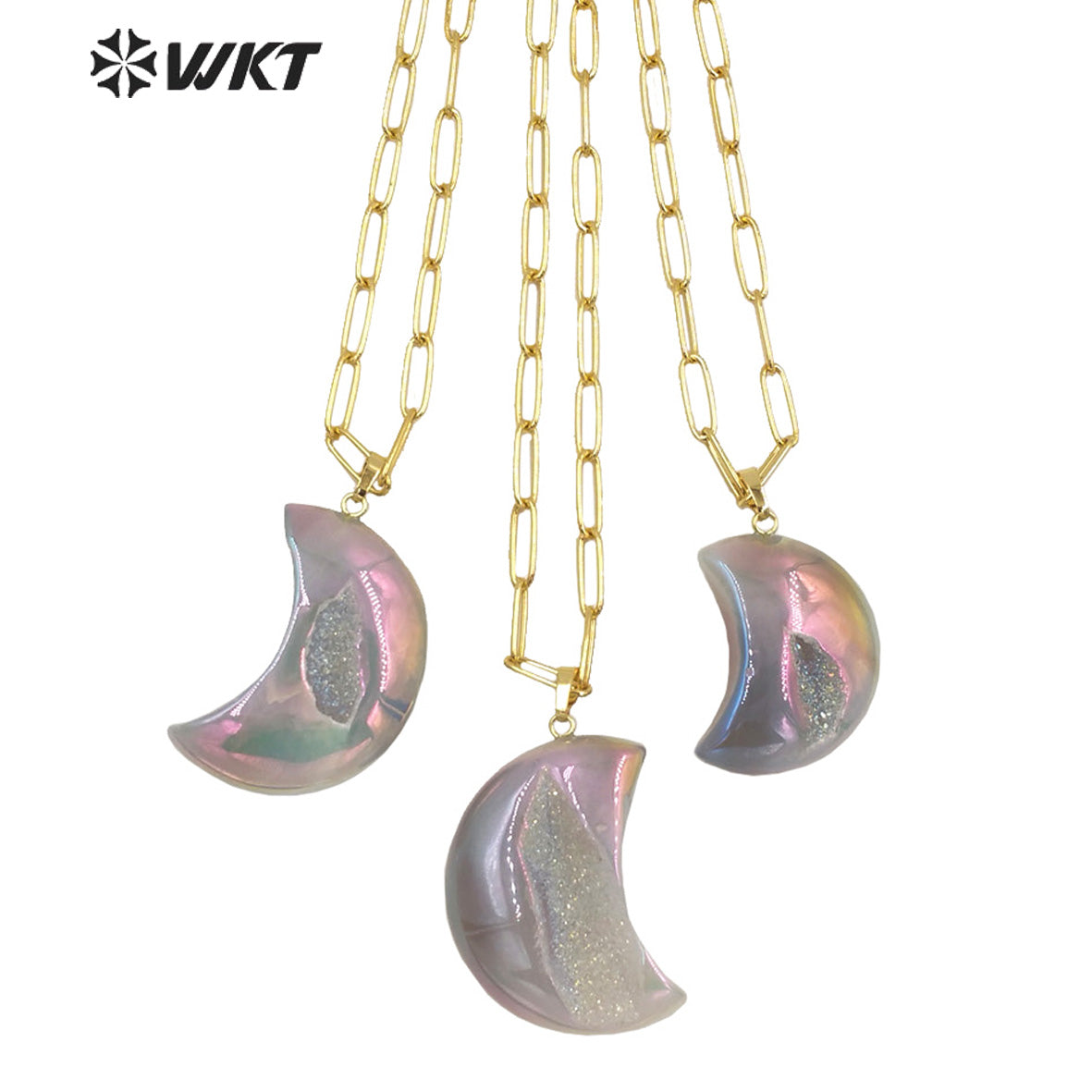 WT-N1393 Wholesale Fashion Gold Aura Druzy Agate Stone Necklace Grey Geode Agate Moon Necklace with Link Chain Healing Necklace