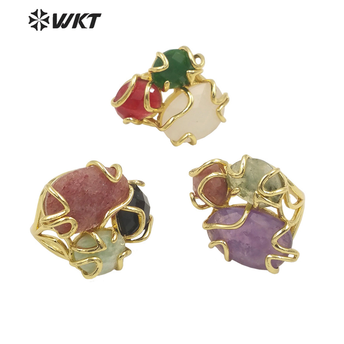 WT-R417 WKT NEW Design Gorgeous Triple Natural Gemstone Claw Setting Stone Ring Women Adjustable Precious Colorful Gold Ring