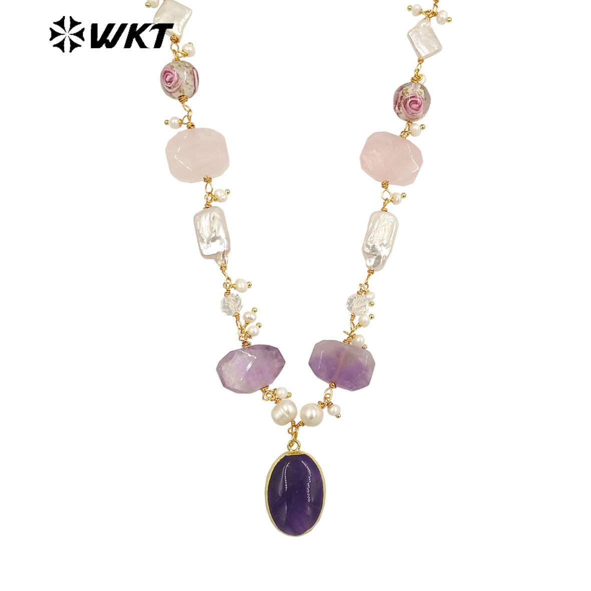 WT-JN240 Wholesale Newest Stone and Pearl Design 18k Chain Gold Plated Exquisite High Quality Scallop Necklace