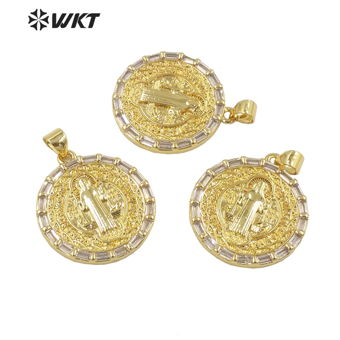 WT-MP285 Newest Vintage Style Female Deity Shaped Round Shaped Cubic Zircon Madonna Design Pendant