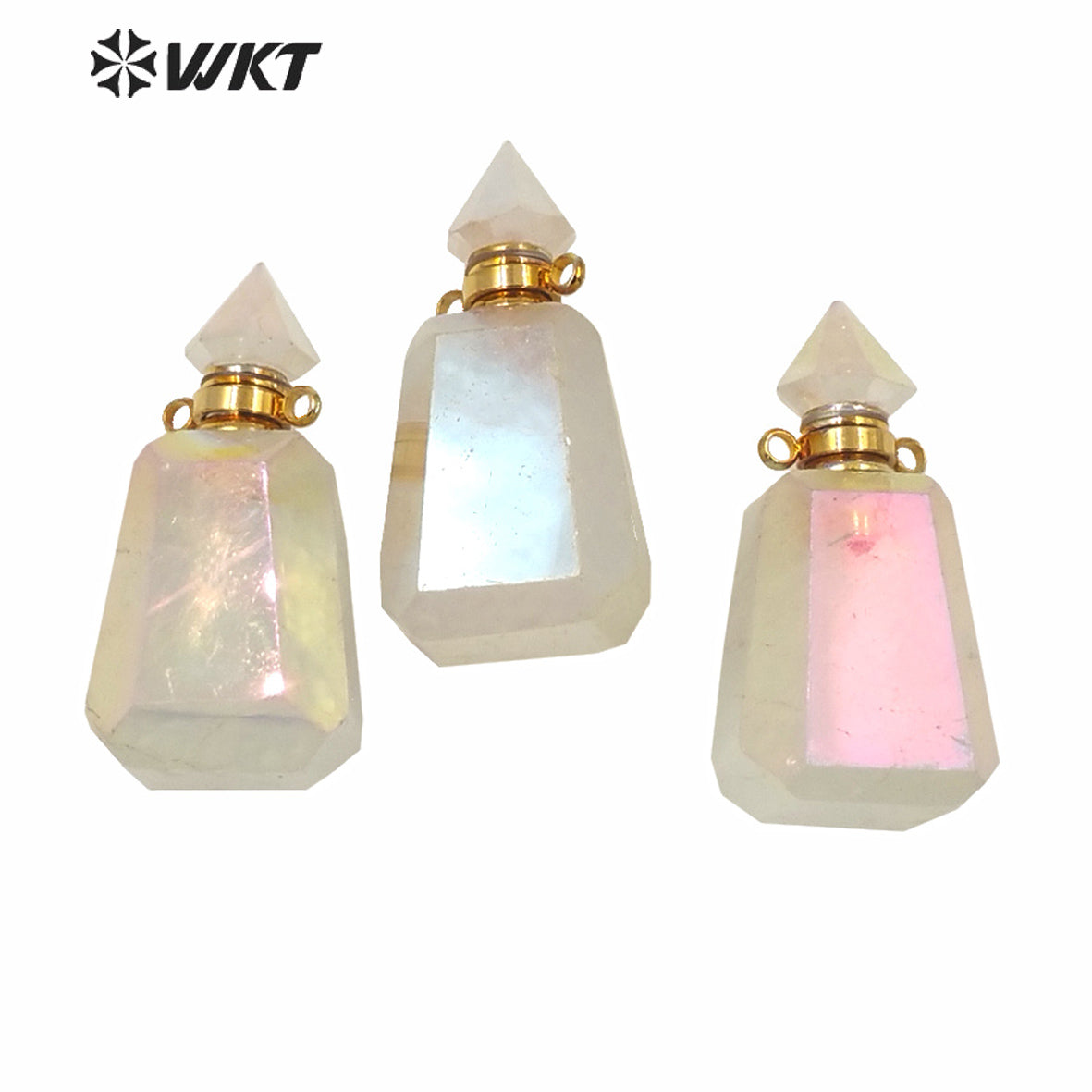 WT-P1616 WKT Newest Natural Crystal Quart Aura Angel Perfume Bottle Fashion Gold Exclusive Design Aura Spirit Bottle Pendant
