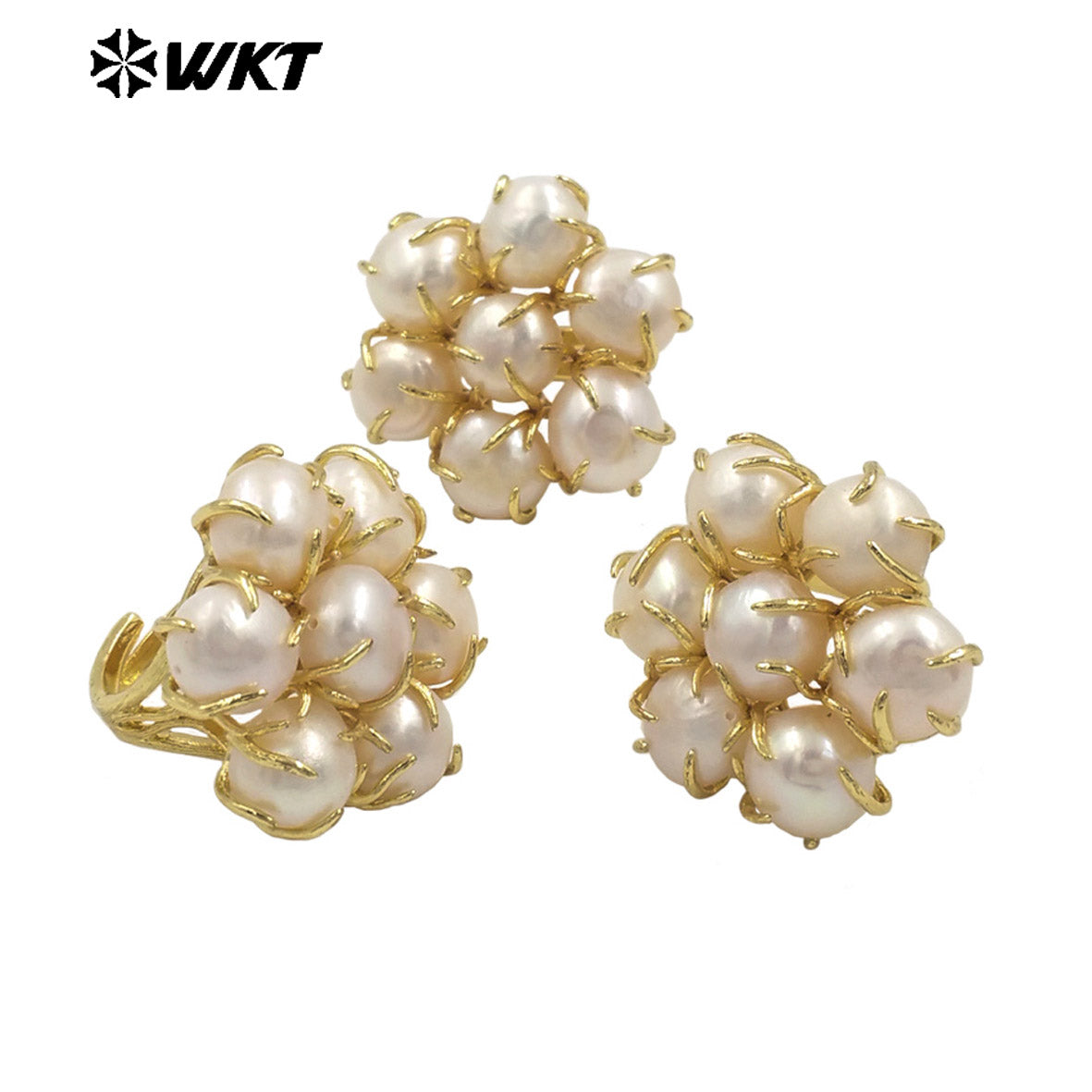 WT-MPR123 Sweet Gold Plated Handmade Claw Prong Setting Multi Freshwater Pearl Assemble Flower Rings