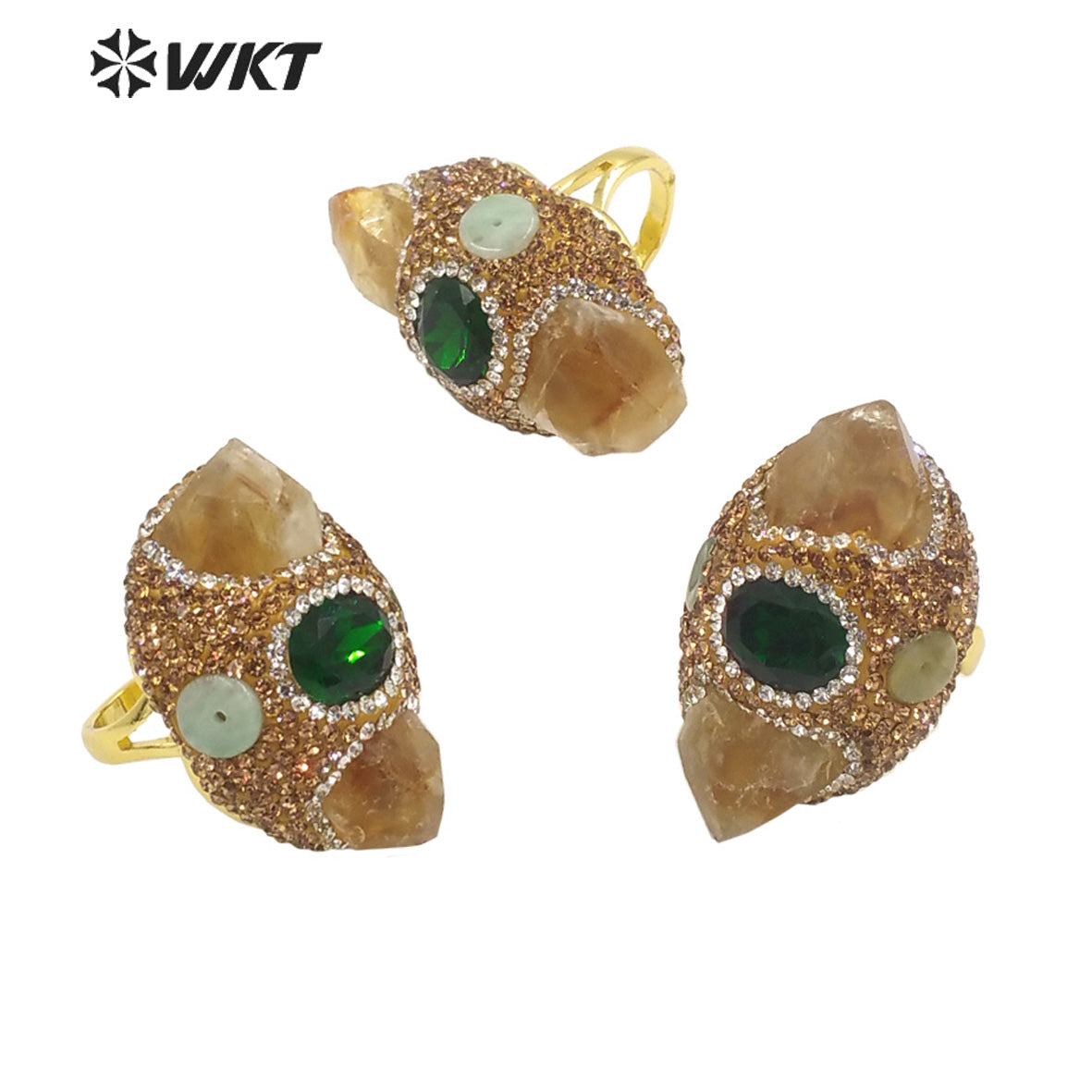 WT-R436 Wholesale Fashion Gold Natural Stone Cigar Ring Handmade Rhinestone Pave Yellow Citrine Lucky Energy Jade Stone Ring