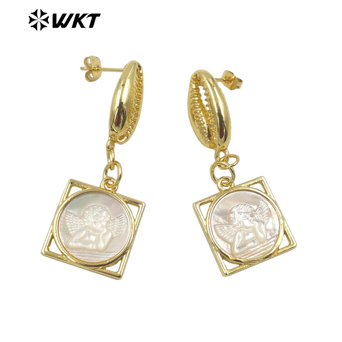 WT-MPE067 Spiral Brass Earring Micro Pave Earring Shape Classic Vintage Pearl Character Pendant Women Pearl Earring