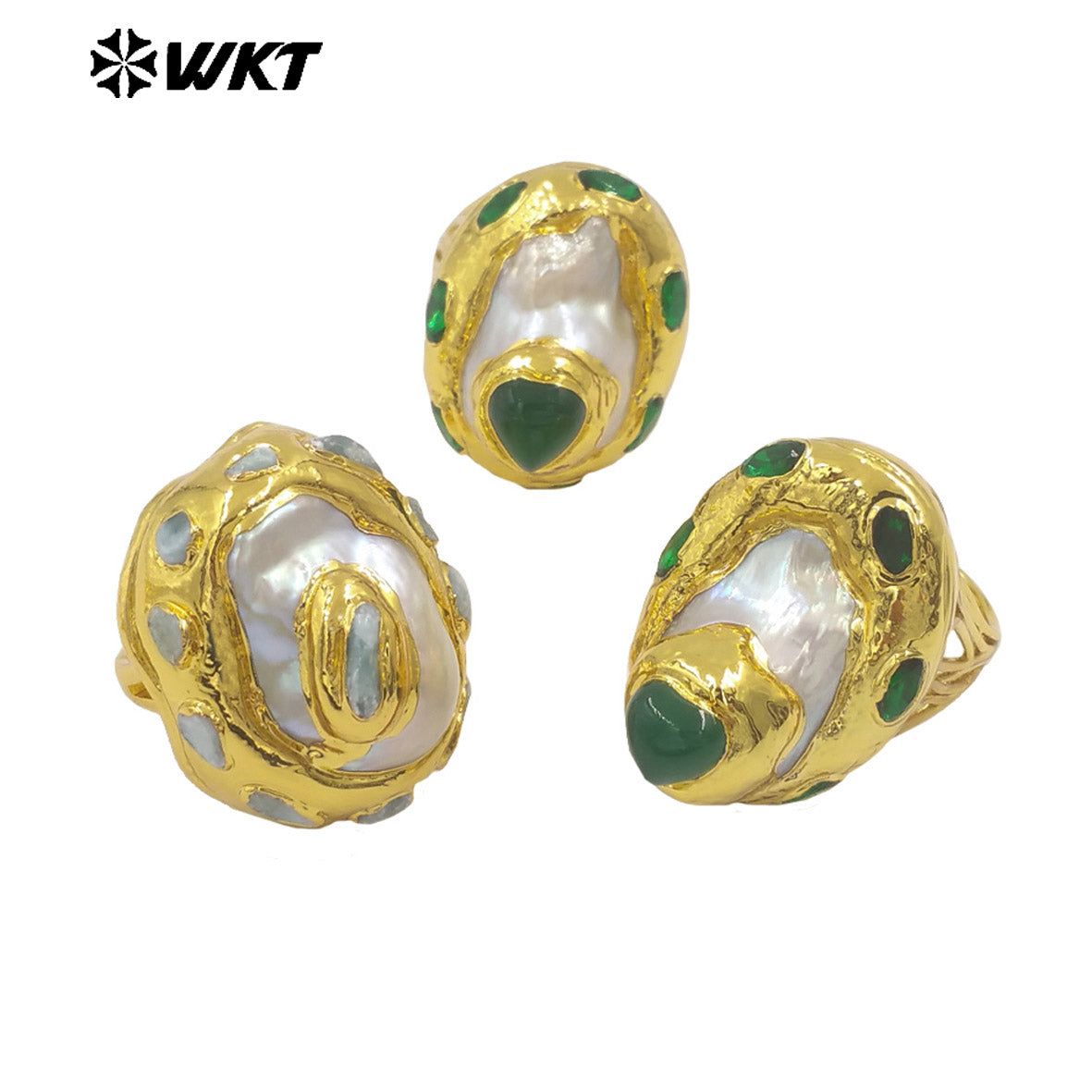 WT-MPR141 Wonderful Small Natural Green Jade And Larimar Stone With Pearl Gold Plated Rings For Women Boutique Jewelry