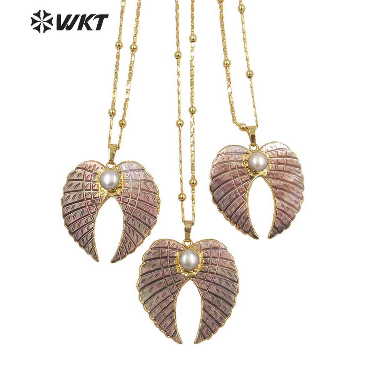 WT-JN167 Vintage Wing Shape Natural Shell Necklace Freshwater Pearl Angel Feather Pendant Jewelry Accessory Necklace